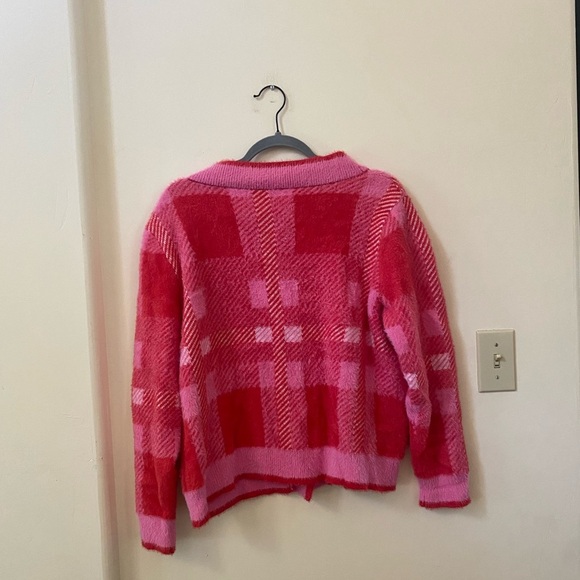 Women's Pink Red Plaid Cardigan Sweater Size M Rose Red - Picture 3 of 5